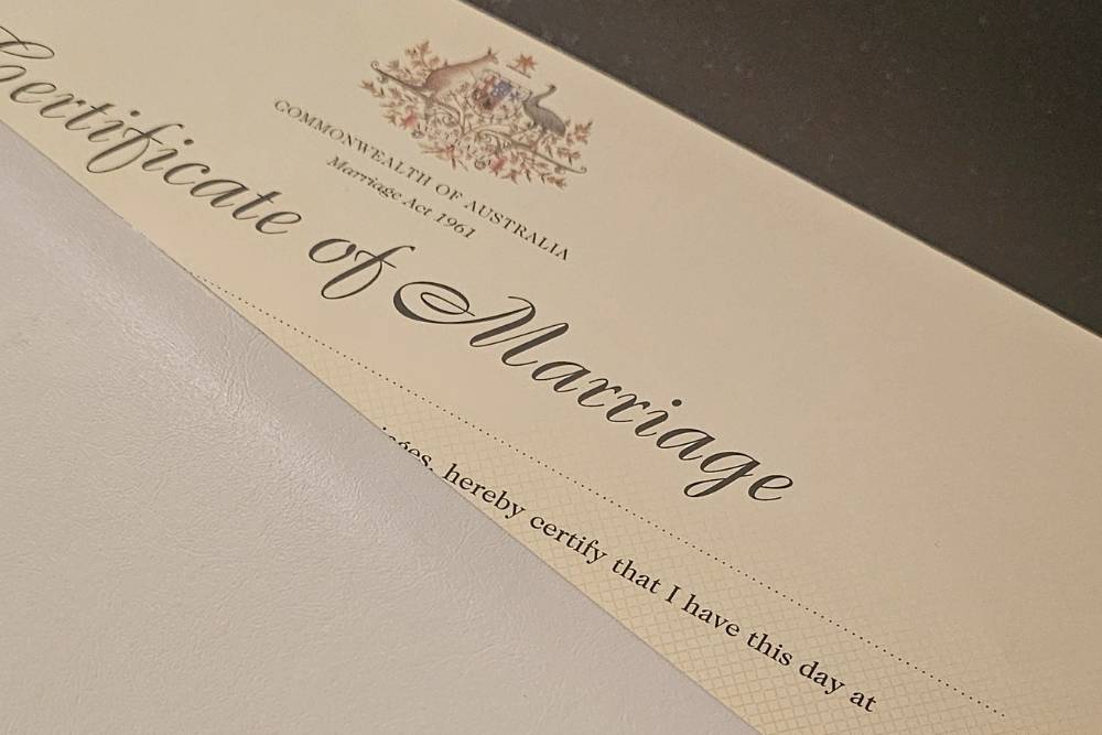 Australian Certificate of Marriage displayed as part of a wedding ceremony in Yass, NSW-